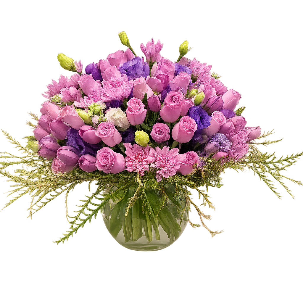 Ana-florero de vidrio chico con rosas, tulipanes y lisianthus morados
