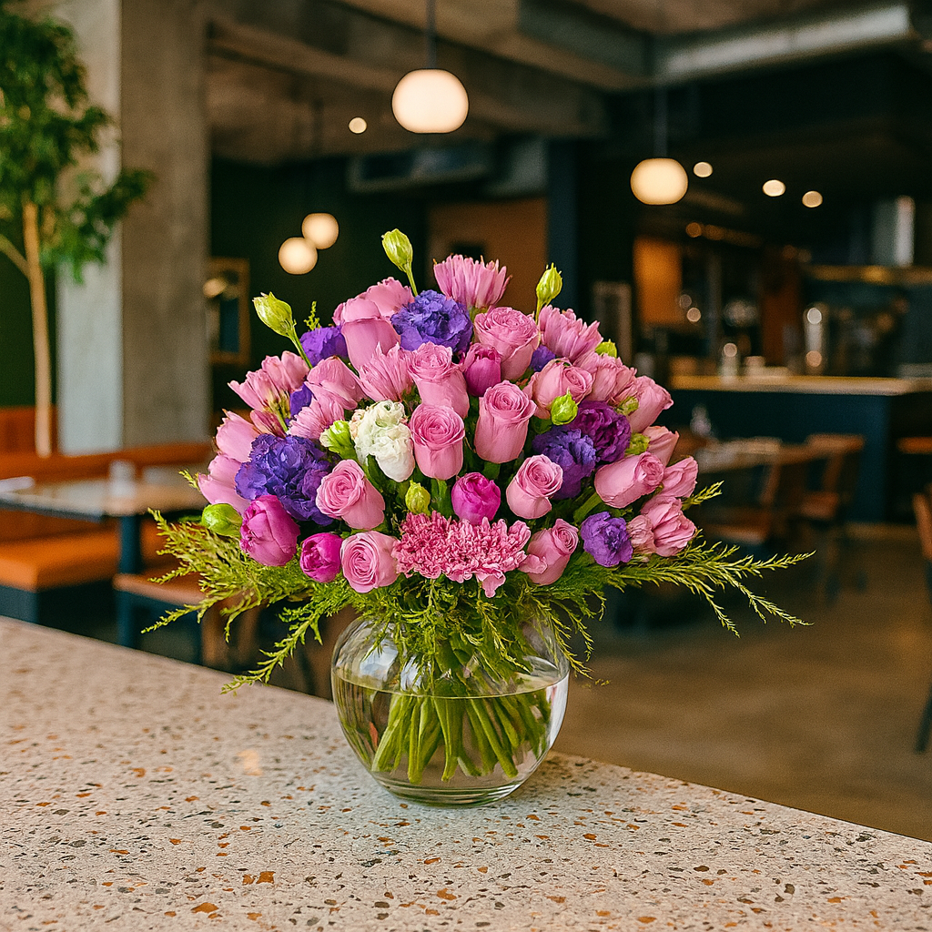 Ana-florero de vidrio grande con rosas, tulipanes y lisianthus morados