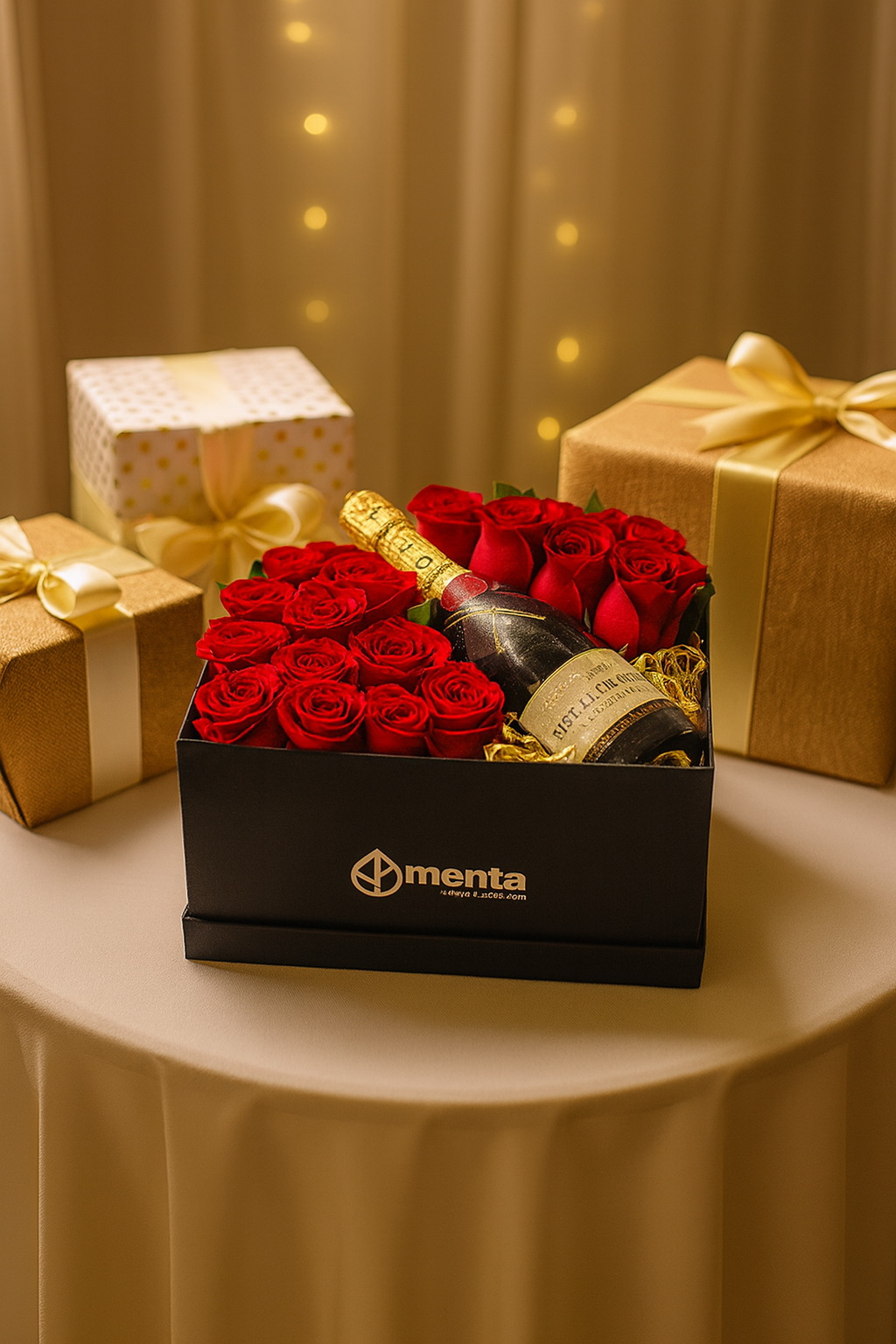 Bronce-caja negra con 24 rosas rojas y champagne