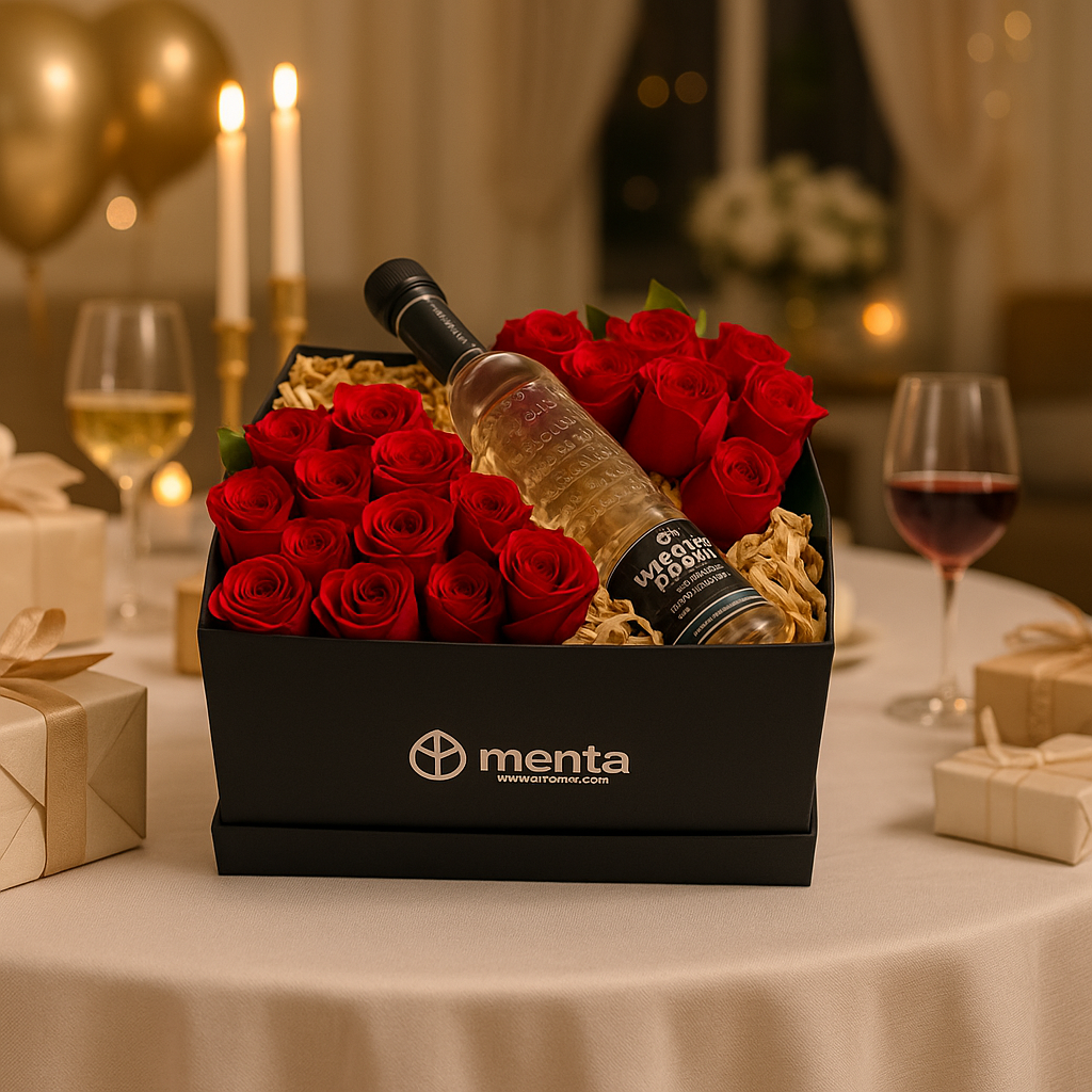 Bronce-caja negra con 24 rosas rojas y tequila