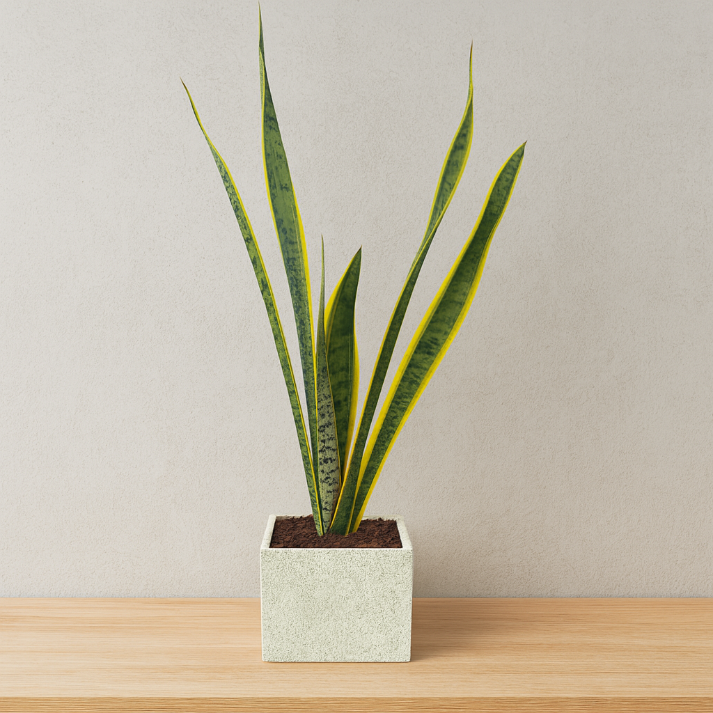 David-maceta de cemento en forma de cubo gris con sansevieria