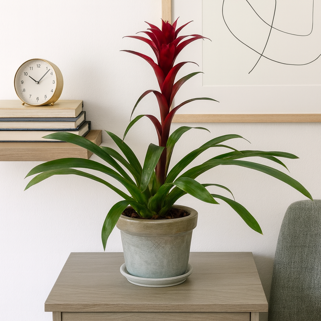 Rafael-maceta oro gris con una Bromelia