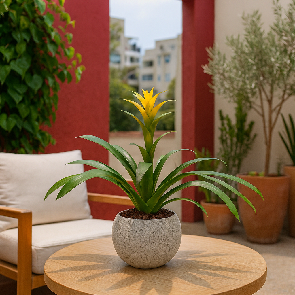 Genaro-maceta de cemento gris con una bromelia