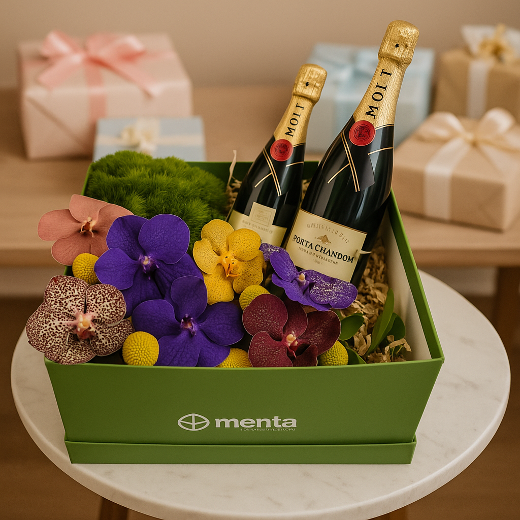 Cuarzo-caja verde con orquídeas vanda y bebidas Moet & Chandon Brut