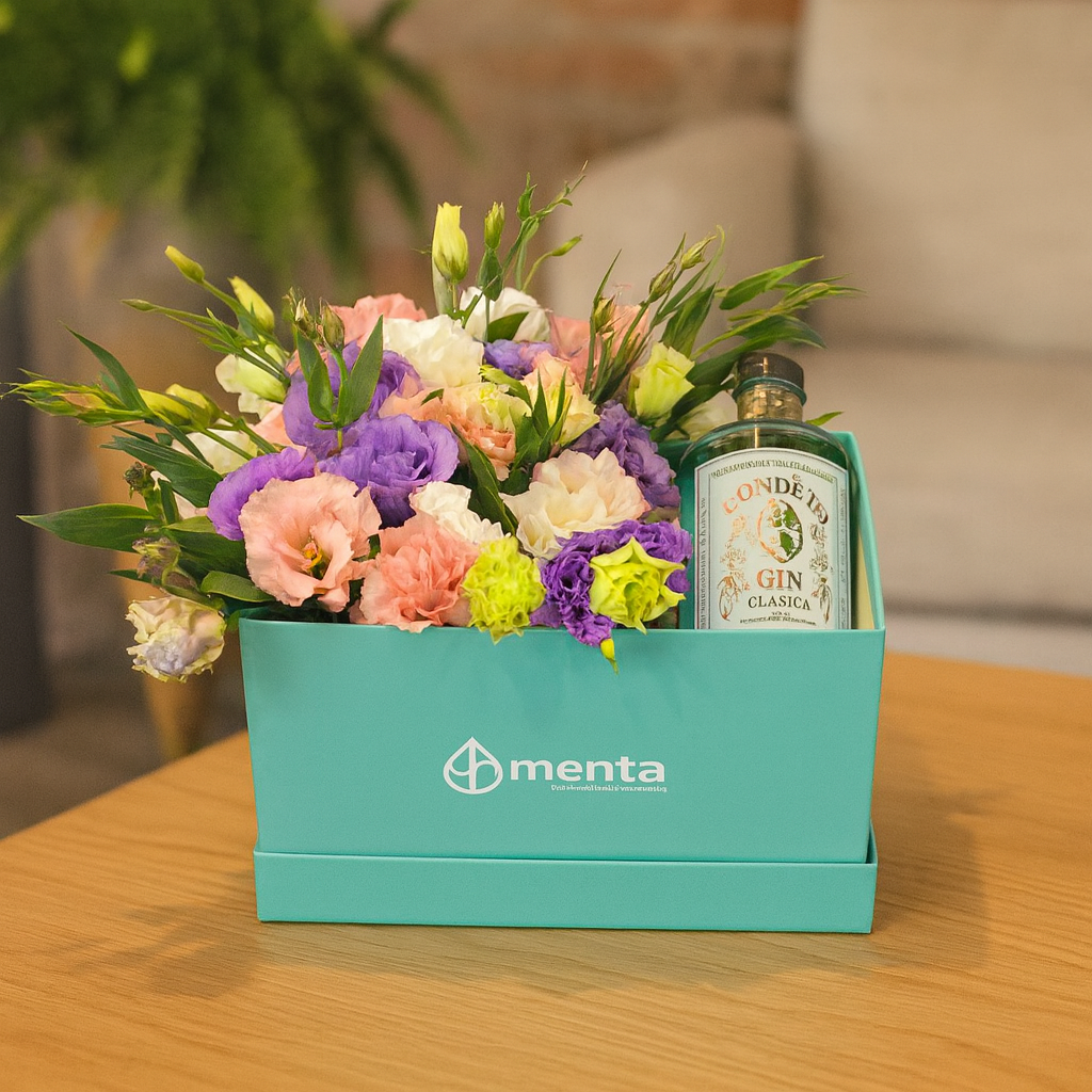 Jade-caja menta con lisianthus rosa,morado  y Ginebra