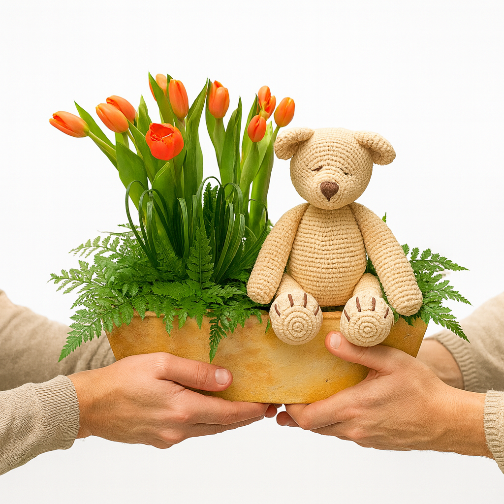 Jessica-maceta con 20 tulipanes y oso de peluche