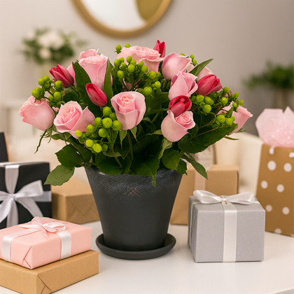 Alana-Base de cerámica con rosa rosa y tulipanes