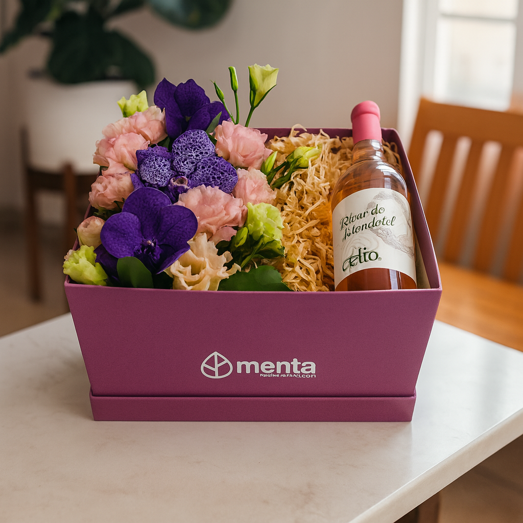 Platino-caja uva con lisianthus rosa, orquídea vanda y Vino rosado