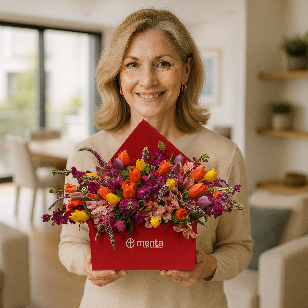 Vanessa-caja cuadrada roja con tulipanes y matiola