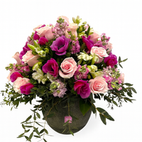 Elizabeth-maceta de cemento grande con rosas rosas y anemonas