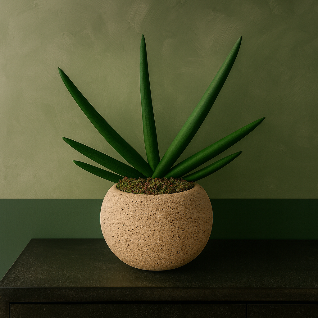 Aiden-maceta de cemento esfera khaki con sansevieria cilíndrica