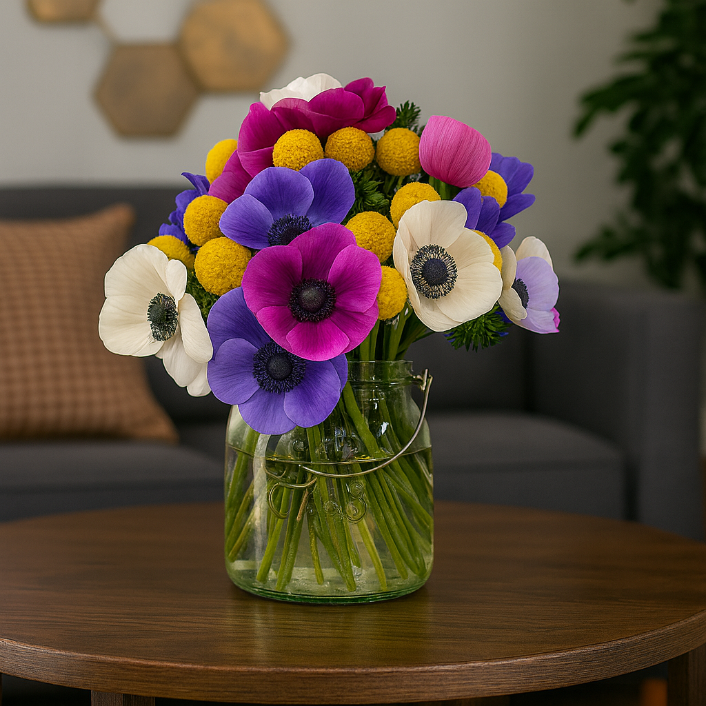Luz María-florero de vidrio con Anemonas de colores y craspedia