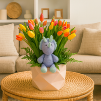 Dinora-caja con 30 tulipanes y dinosaurio de peluche