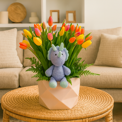 Dinora-caja con 30 tulipanes y dinosaurio de peluche