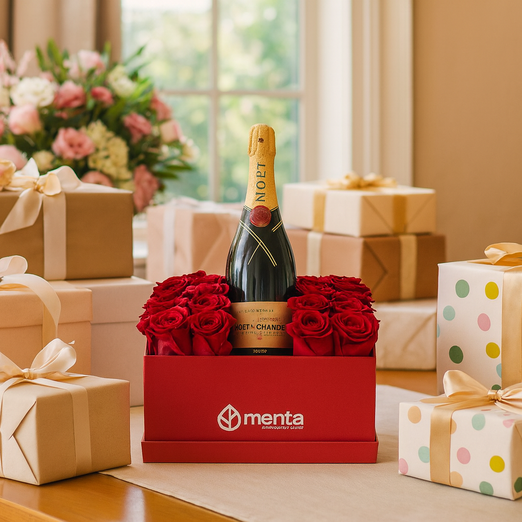 Diamante-caja roja con 48 rosas rojas y bebida  Moet & Chandon