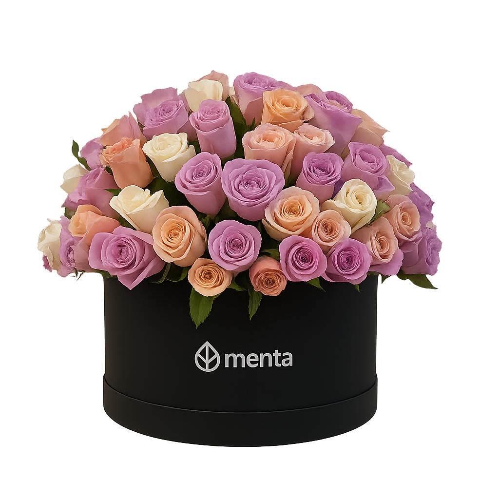 Anahí-caja redonda negra con 125 rosas  de color pastel
