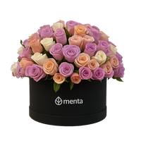 Anahí-caja redonda negra con 125 rosas  de color pastel