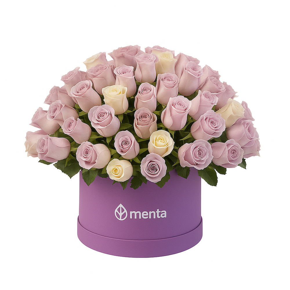 Anahí - caja redonda uva con 125 rosas  de color pastel
