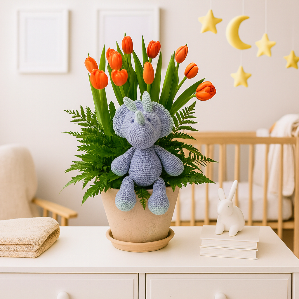 Galia-maceta con 20 tulipanes y dinosaurio de peluche