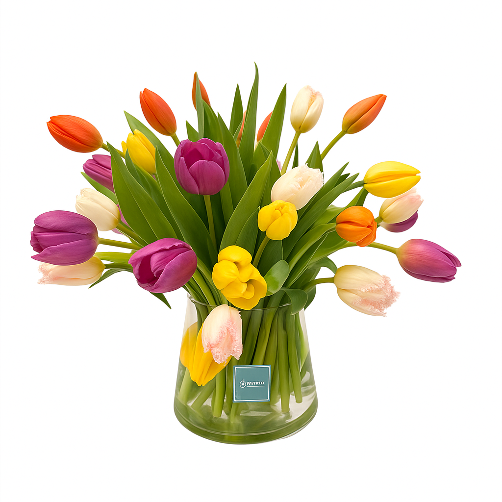 Amanda-florero de vidrio con 30 tulipanes multicolor