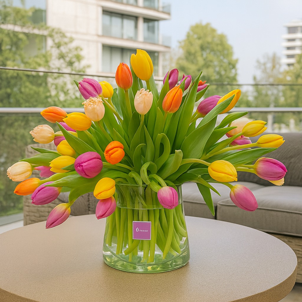 Amanda-florero de vidrio con 50 tulipanes multicolor