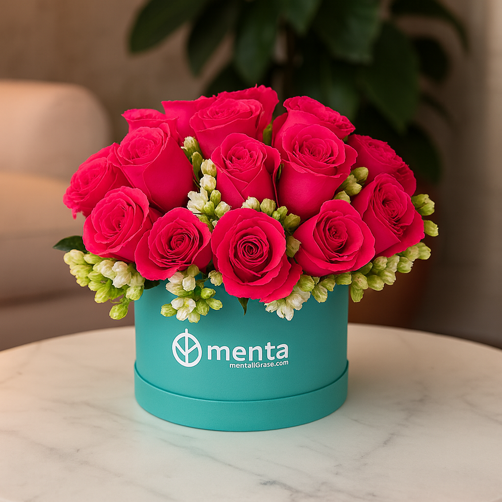 Katy-caja redonda con 24 rosas fiusha y follaje