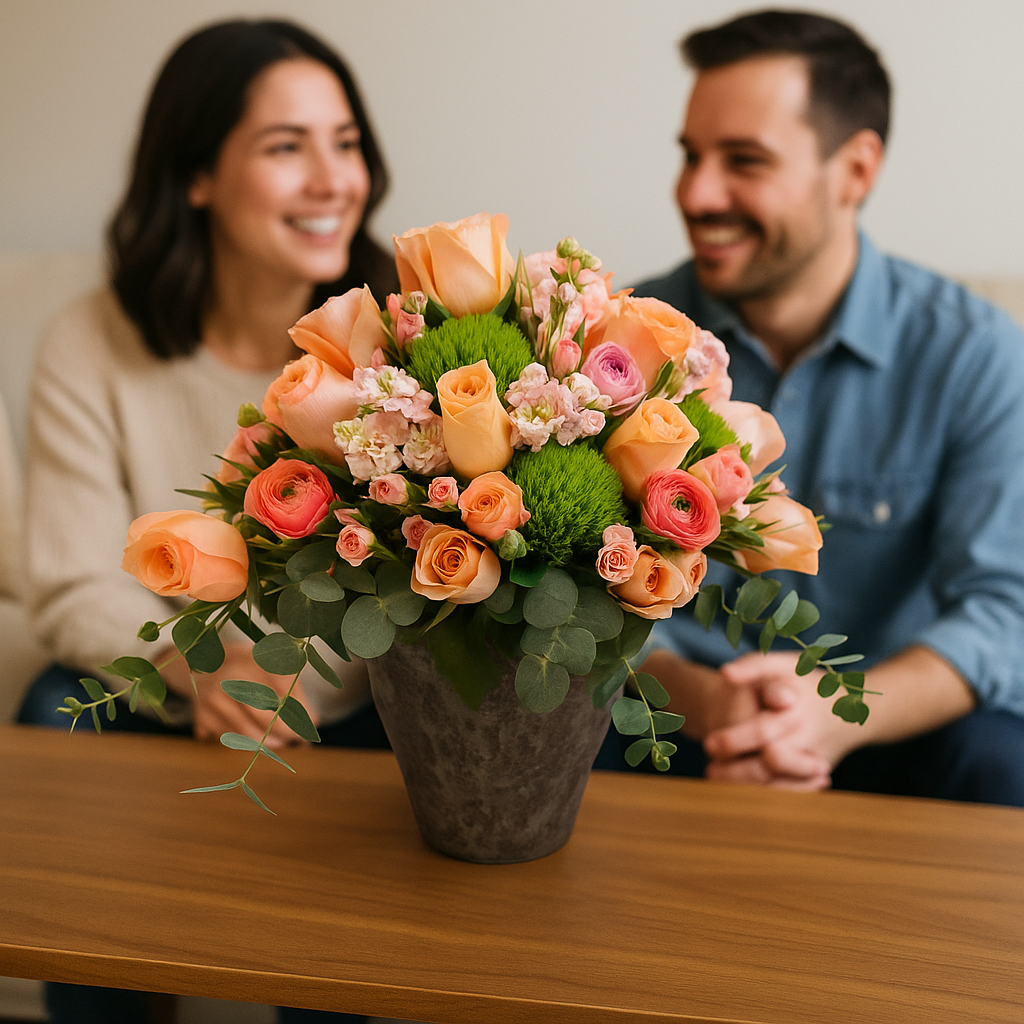 Viridiana-maceta de cemento grande con rosas naranjas