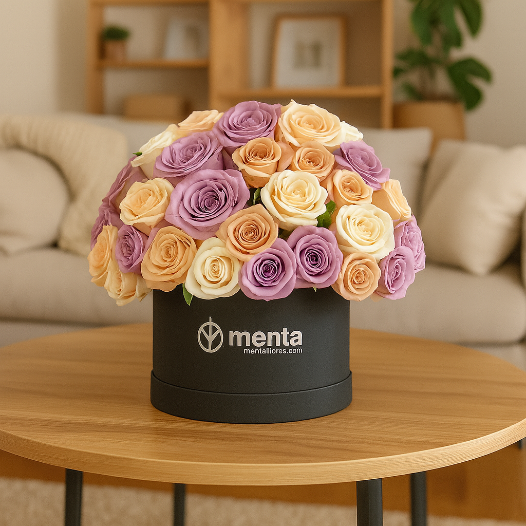Verónica-caja redonda negra con 75 rosas  pastel