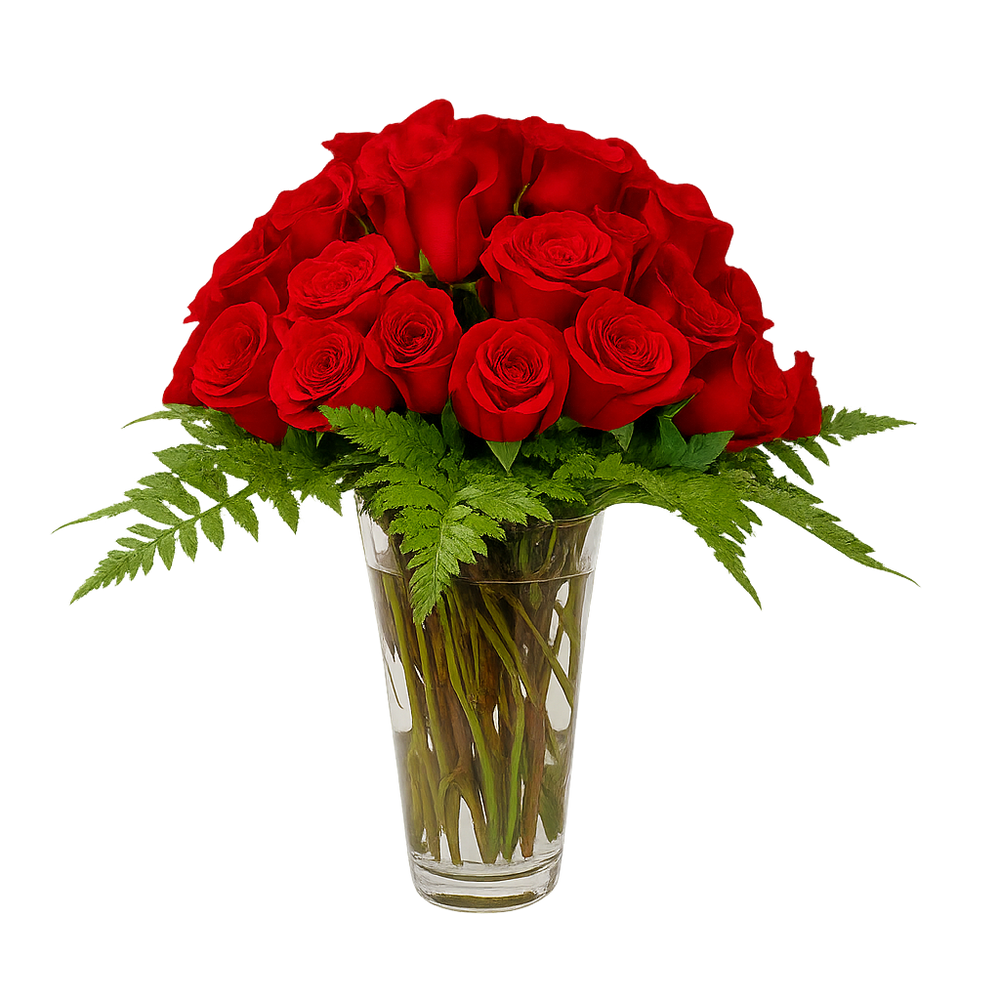 Reyna - florero de cristal con 48 rosas rojas