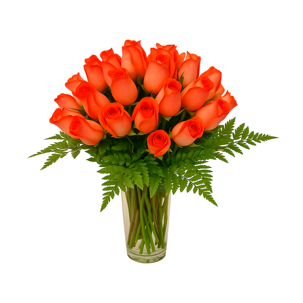 Reyna- florero de cristal con 48 rosas naranja