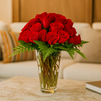 Reyna- florero de cristal con 48 rosas rojas