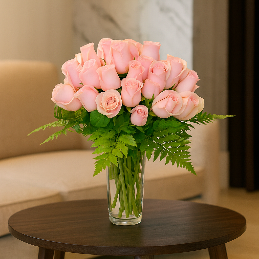 Reyna- florero de cristal con 48 rosas rosas