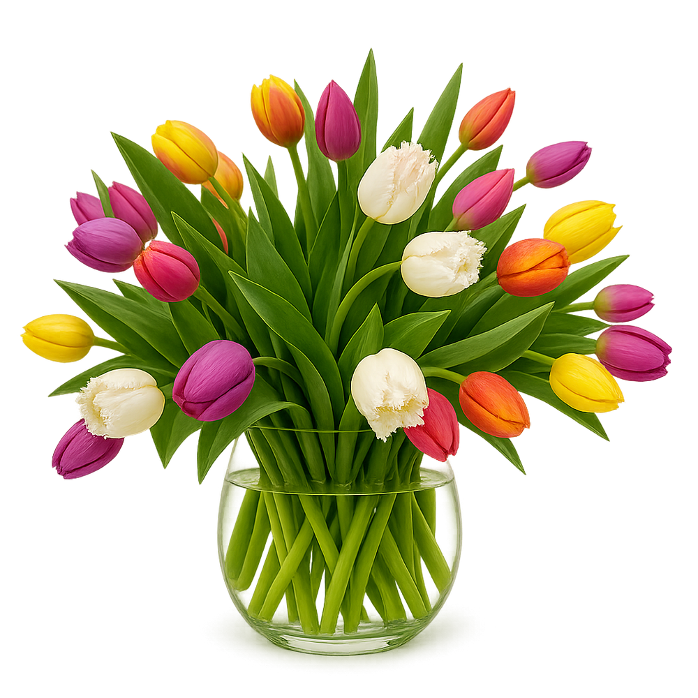 Mireya - florero de vidrio con 50 tulipanes de colores