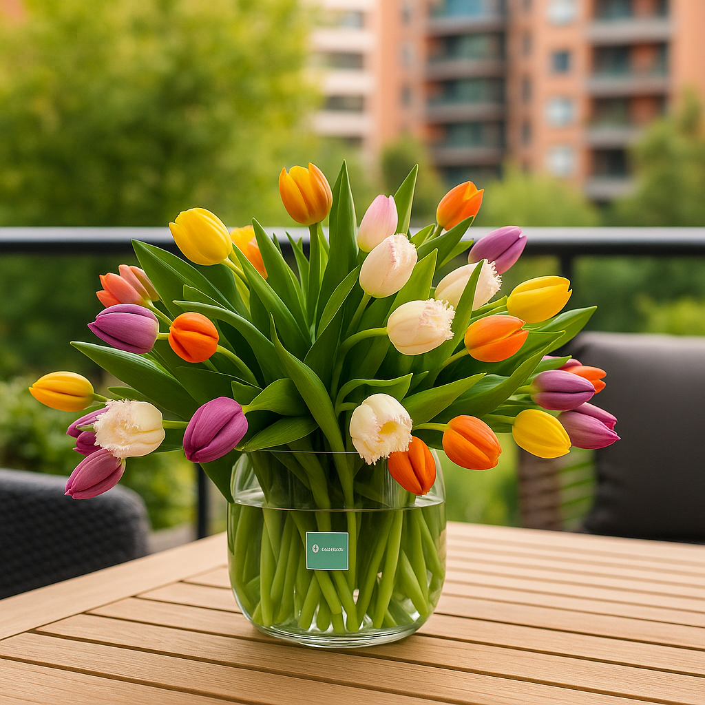 Mireya-florero de vidrio con 50 tulipanes de colores