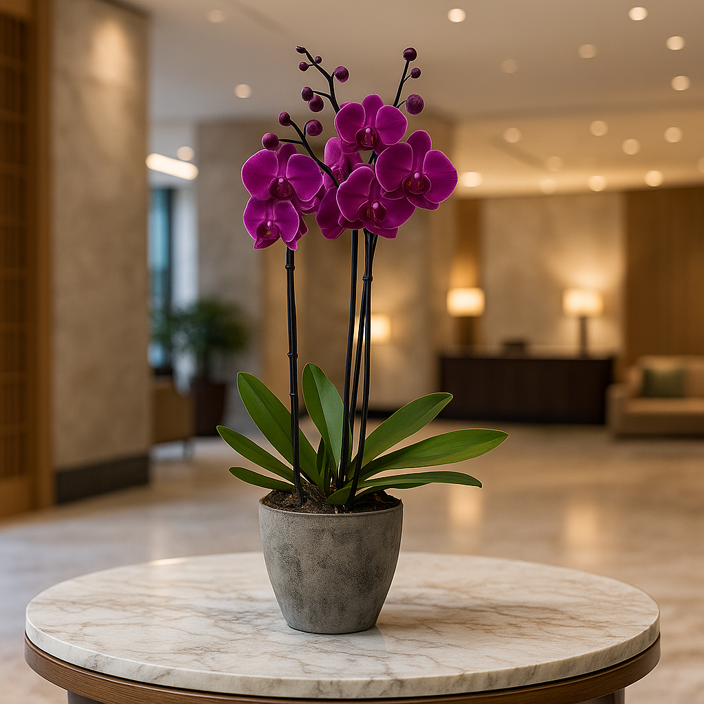 Hacienda gris-maceta de cemento con 2 orquídeas fiusha