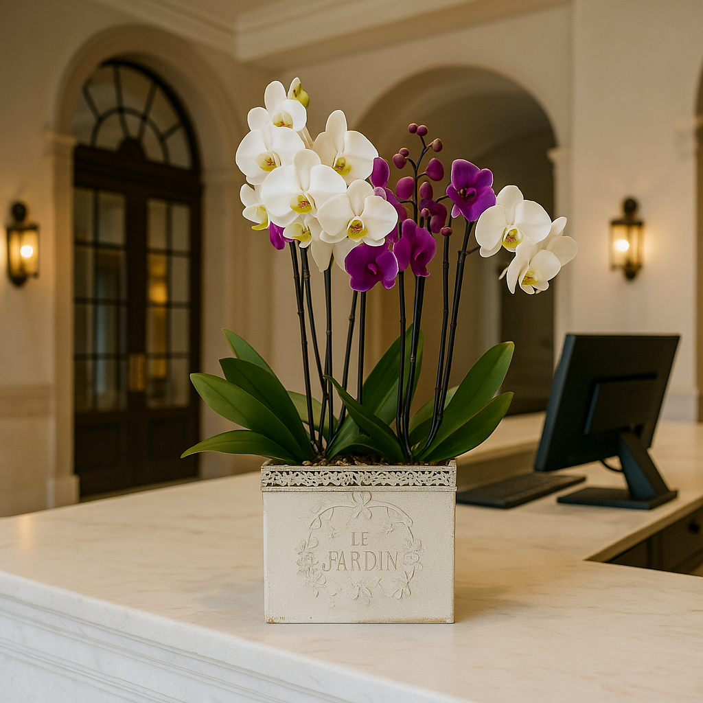 Le Jardín maceta de metal con 4 orquídeas mixtas