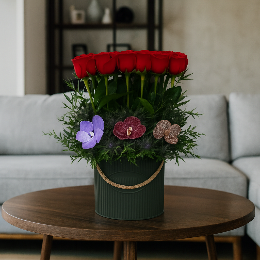 Mayra- maceta de metal con rosas rojas y orquídea vanda