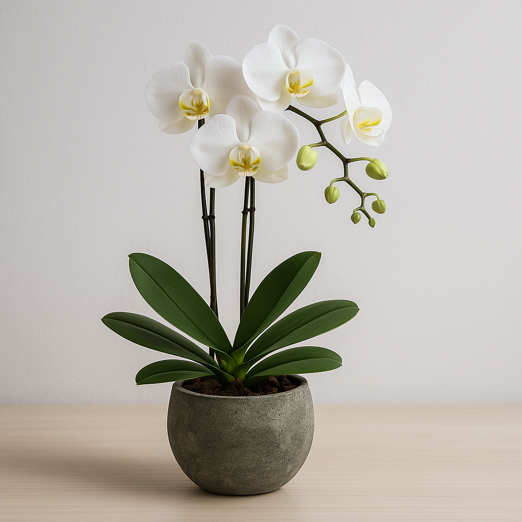 Raya militar-maceta de cemento con 1 mini orquídea blanca
