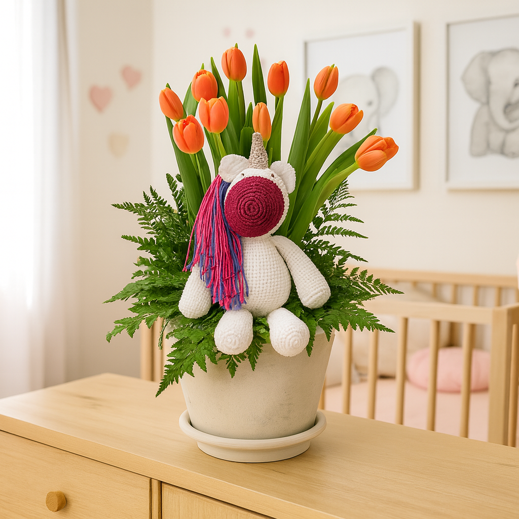 Carmen-maceta con 20 tulipanes y Unicornio de peluche