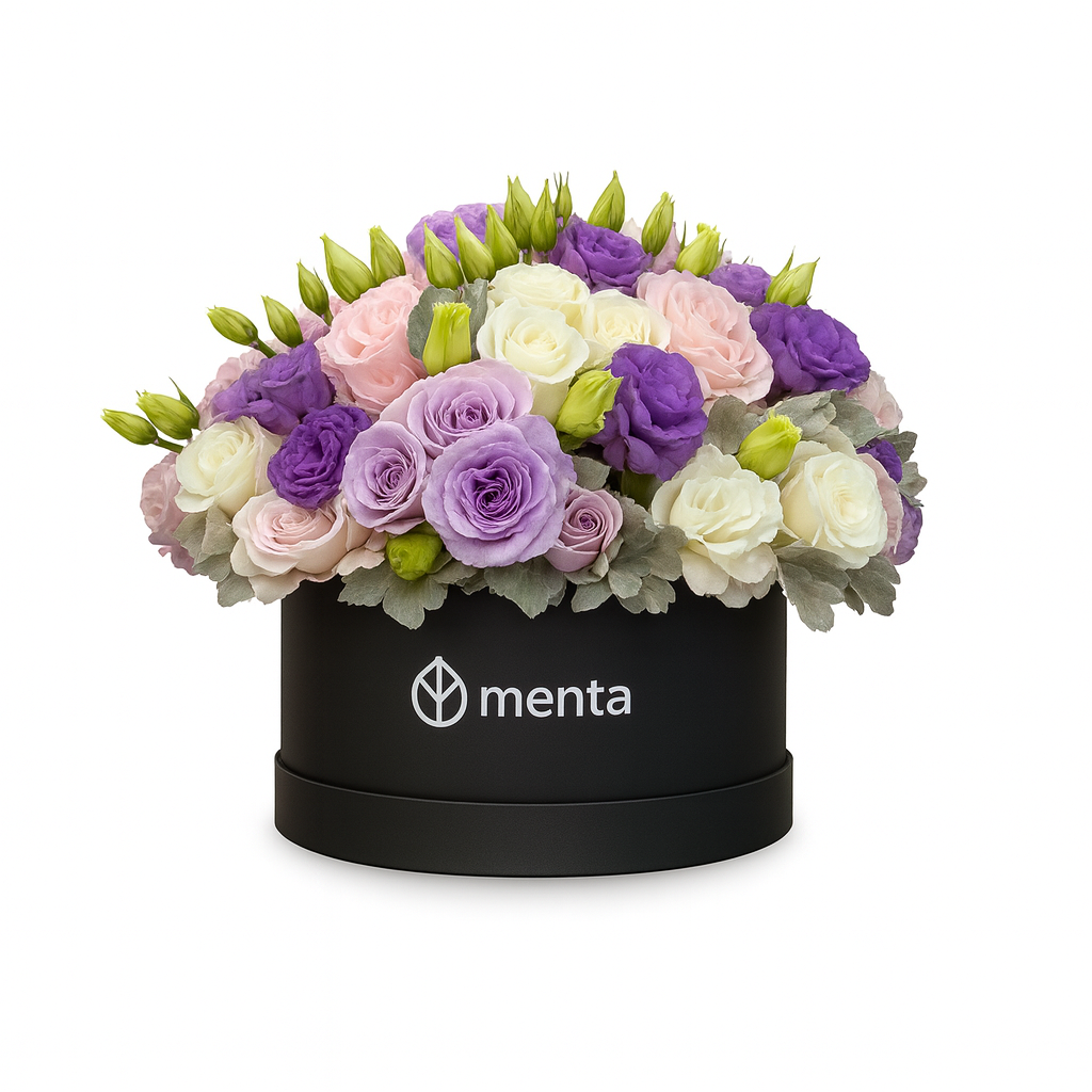 Karime-caja redonda negra con lisianthus de colores y rosas