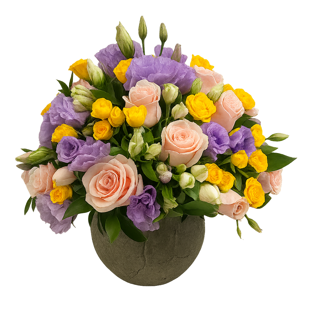 Carlota-maceta de cemento grande con mini rosas amarillas