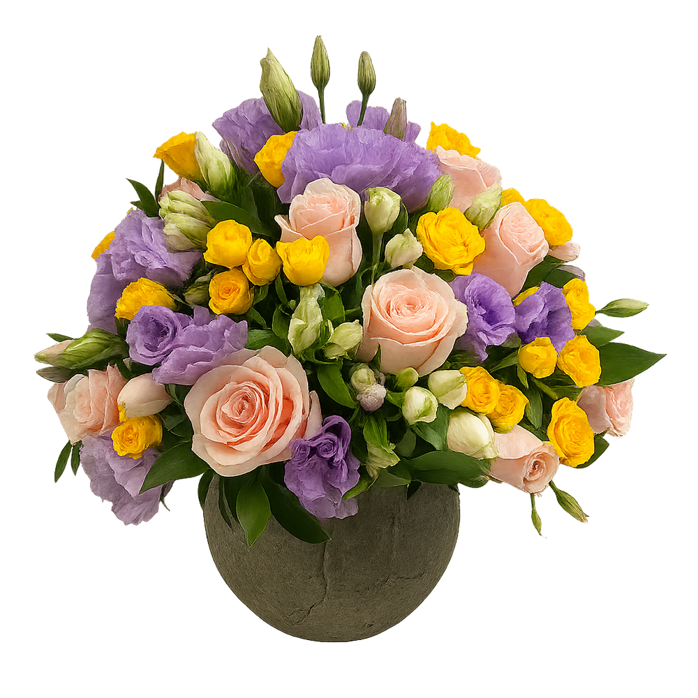 Carlota - maceta de cemento grande con mini rosas amarillas