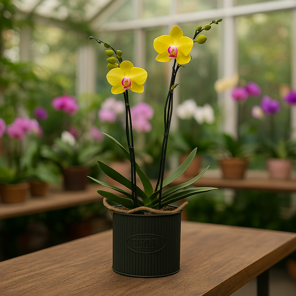 Orquídea amarilla en maceta de metal forma de bolsa