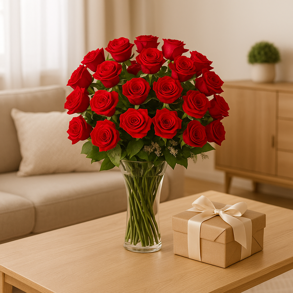 Isabela- florero con 48 rosas rojas