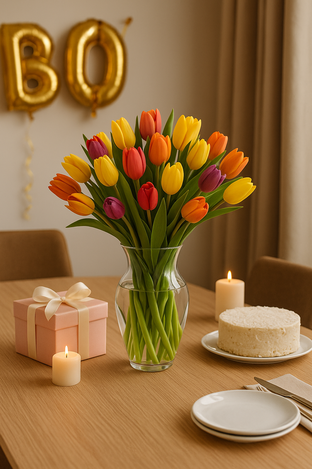 Liz - florero de vidrio con 40 tulipanes de colores