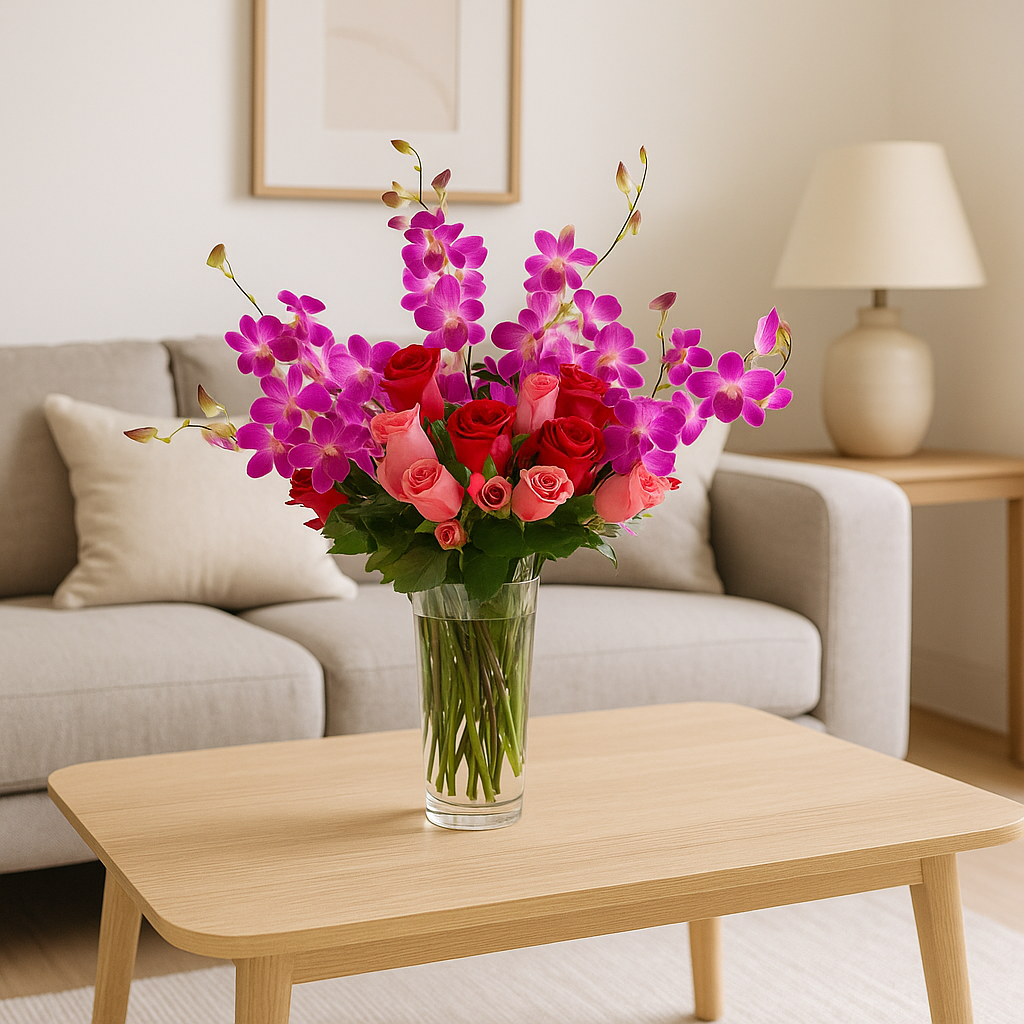 Etiqueta Ambar - Florero de cristal con rosas rojas, fiusha y combinación de follajes con orquídea dendrobium