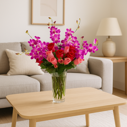 Etiqueta Ambar - Florero de cristal con rosas rojas, fiusha y combinación de follajes con orquídea dendrobium