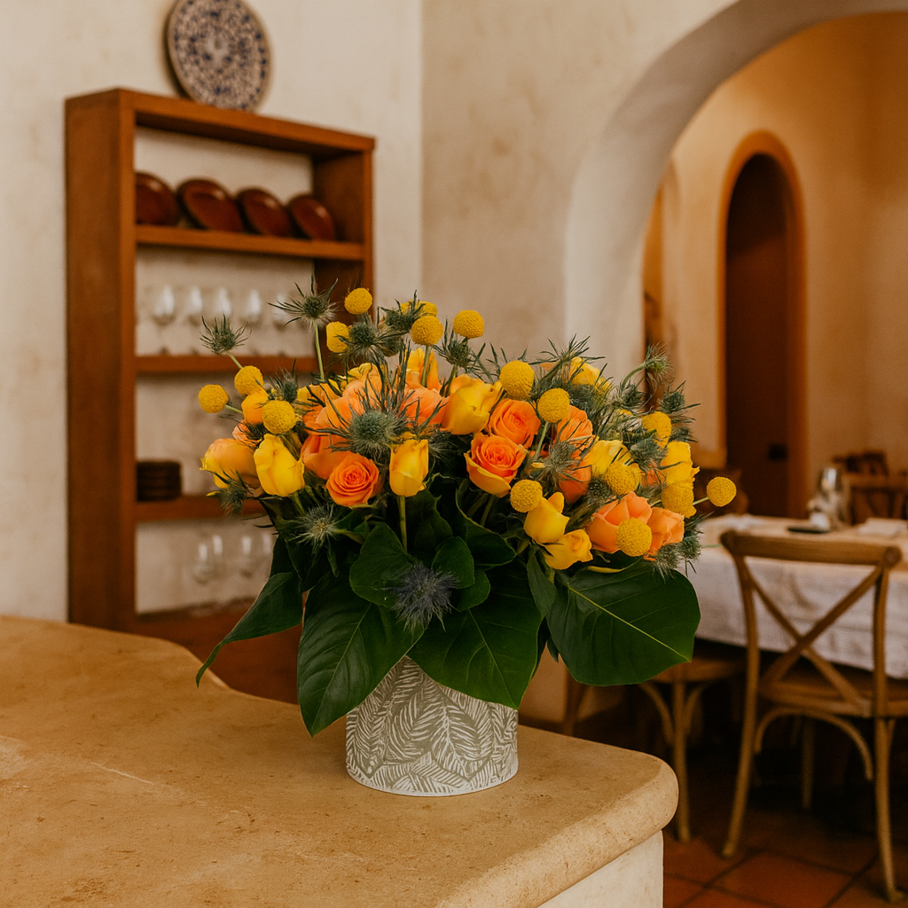 Soledad-maceta de metal con rosas y follaje amarillo