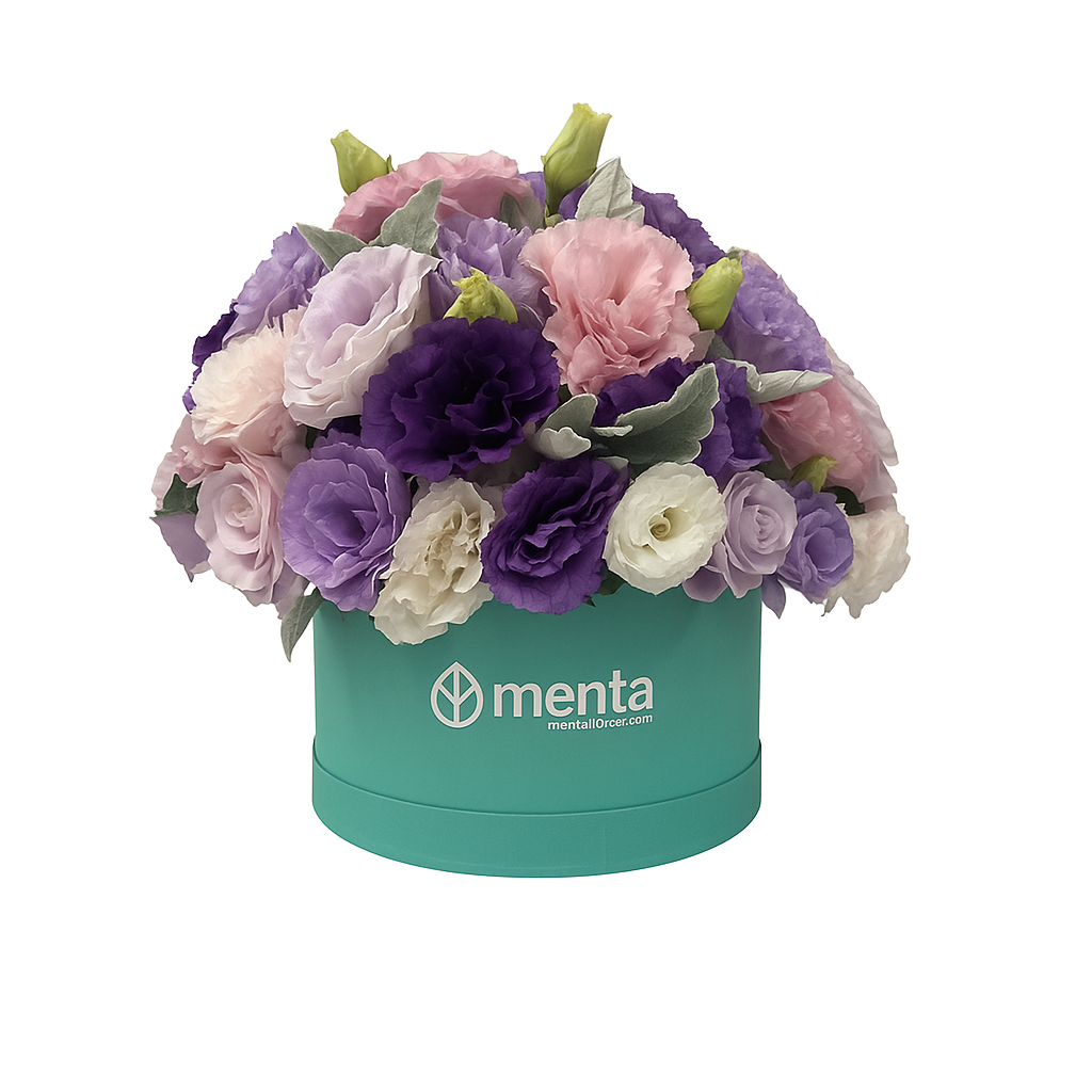 Rita-caja redonda menta con lisianthus, rosas y follaje