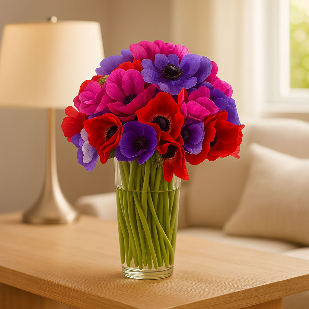 Mercedes-florero de cristal con Anemonas de colores